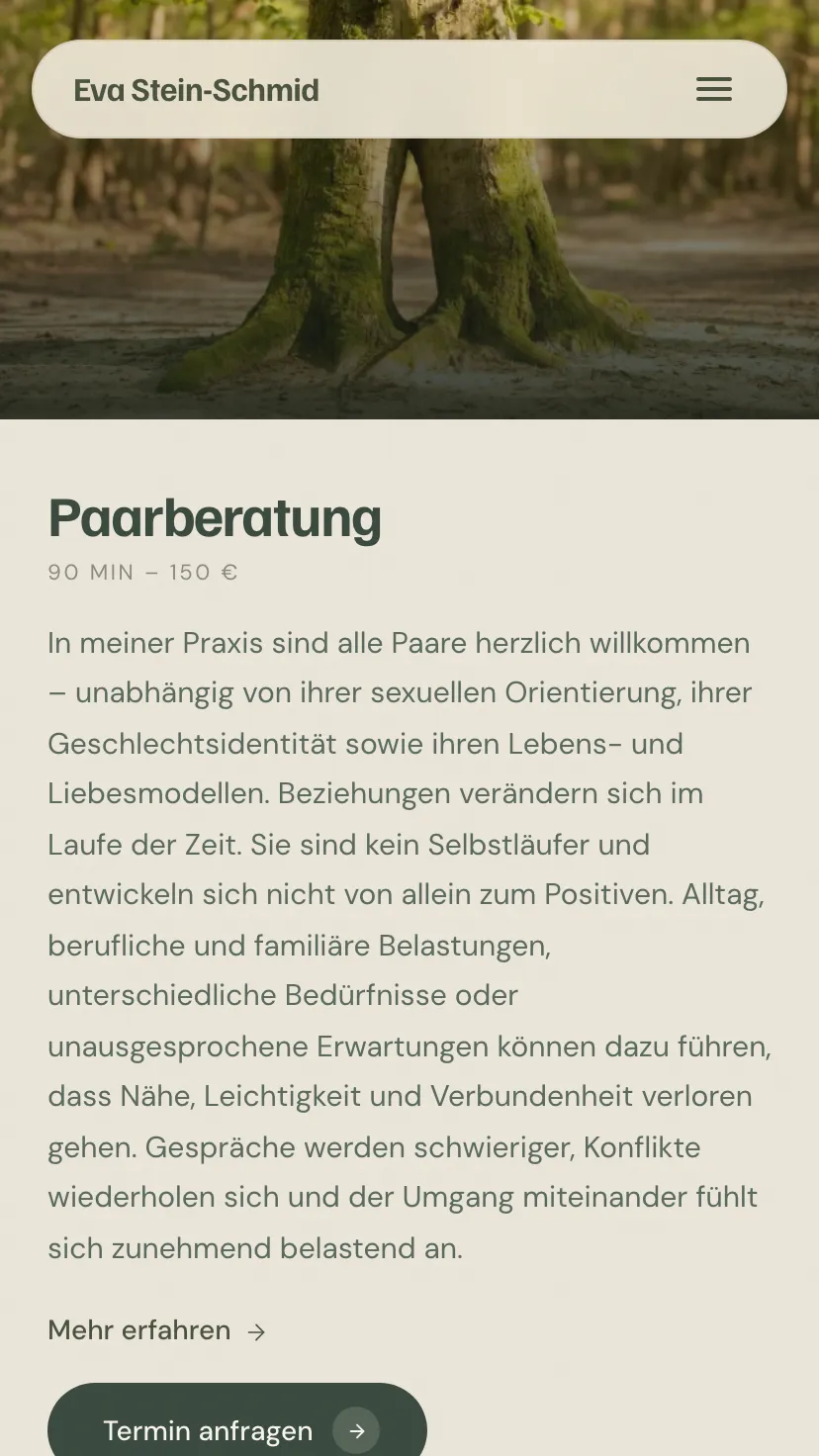 Mobile Ansicht der Website von Eva Stein-Schmid, Ausschnitt 3