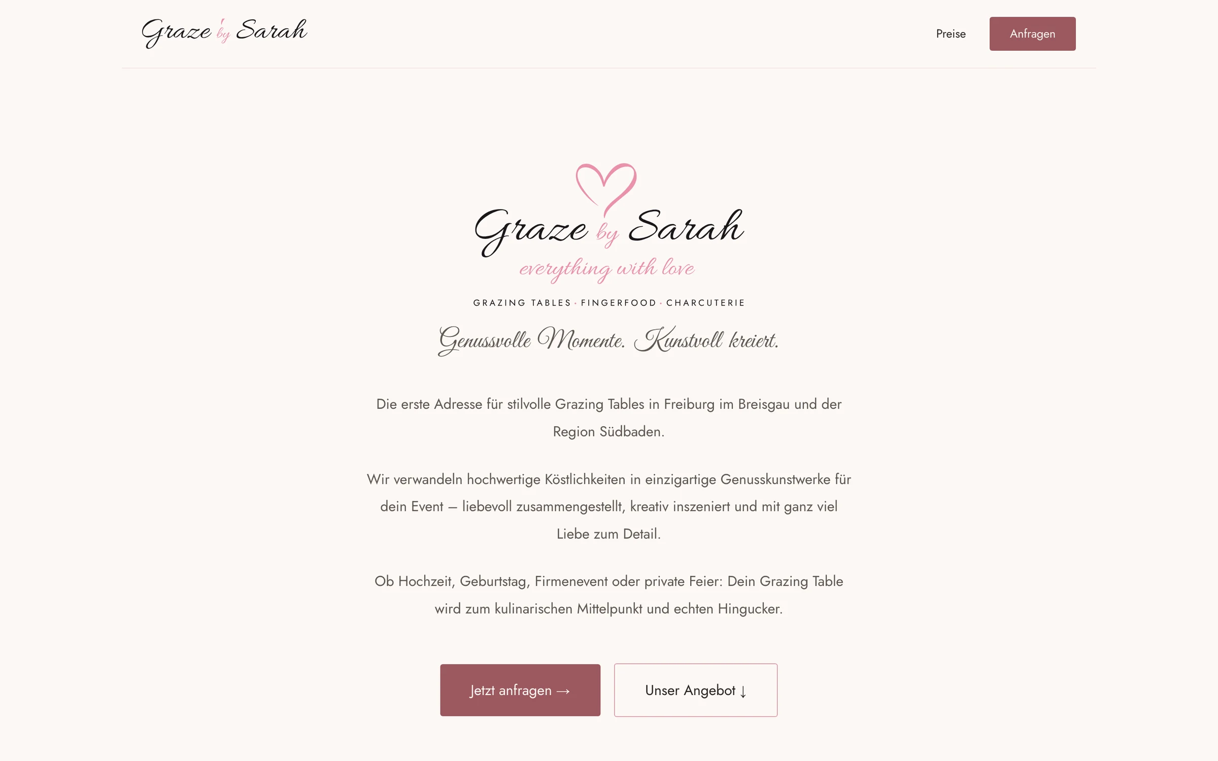 Startseite von Graze by Sarah mit Logo und Einleitung