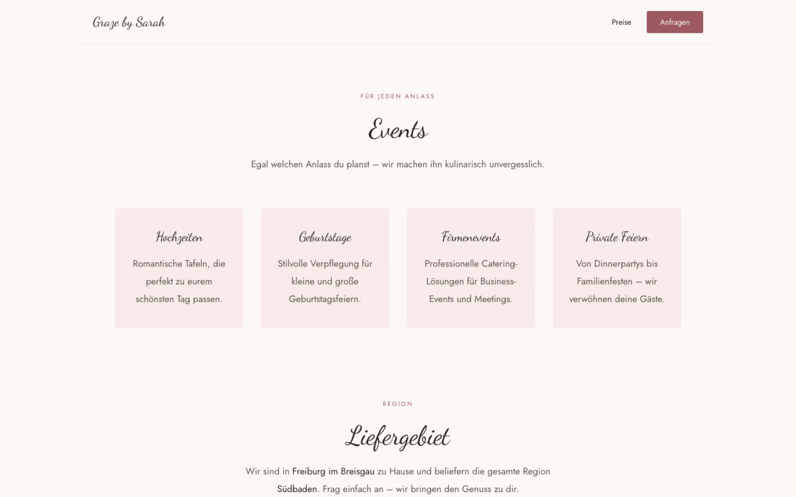 Anlässe und Liefergebiet auf der Website von Graze by Sarah