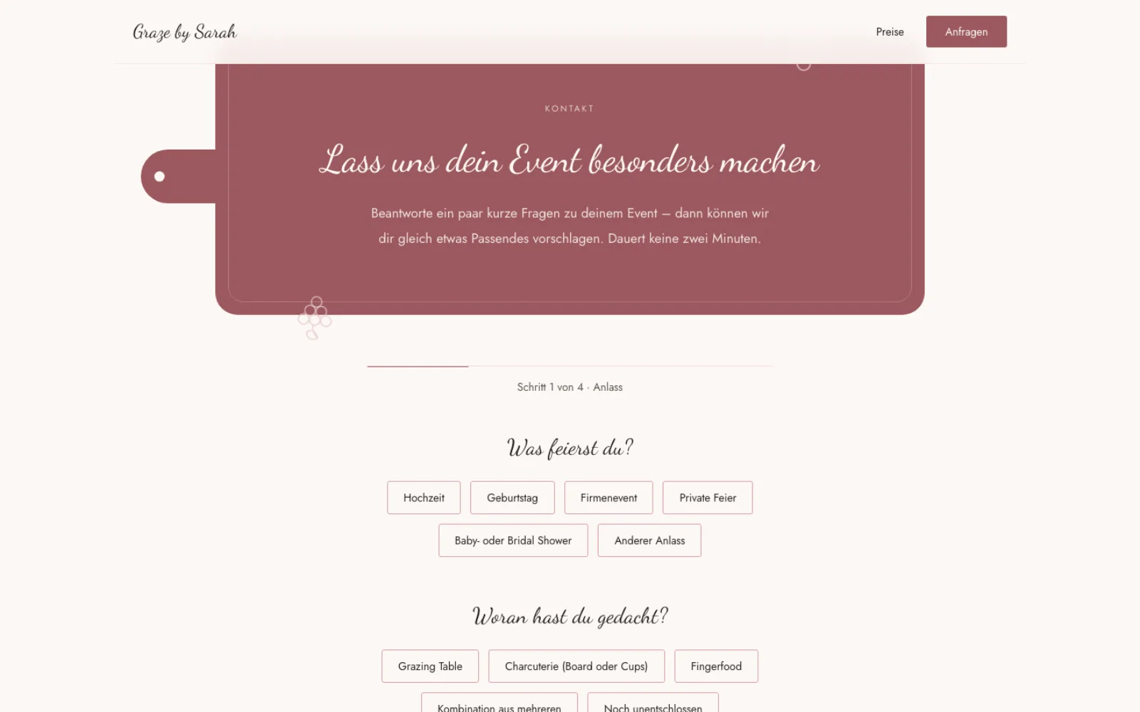 Anfrage in vier Schritten auf der Website von Graze by Sarah