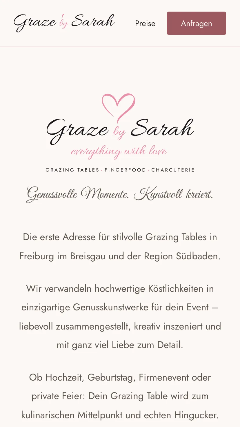 Mobile Ansicht der Website von Graze by Sarah, Ausschnitt 1