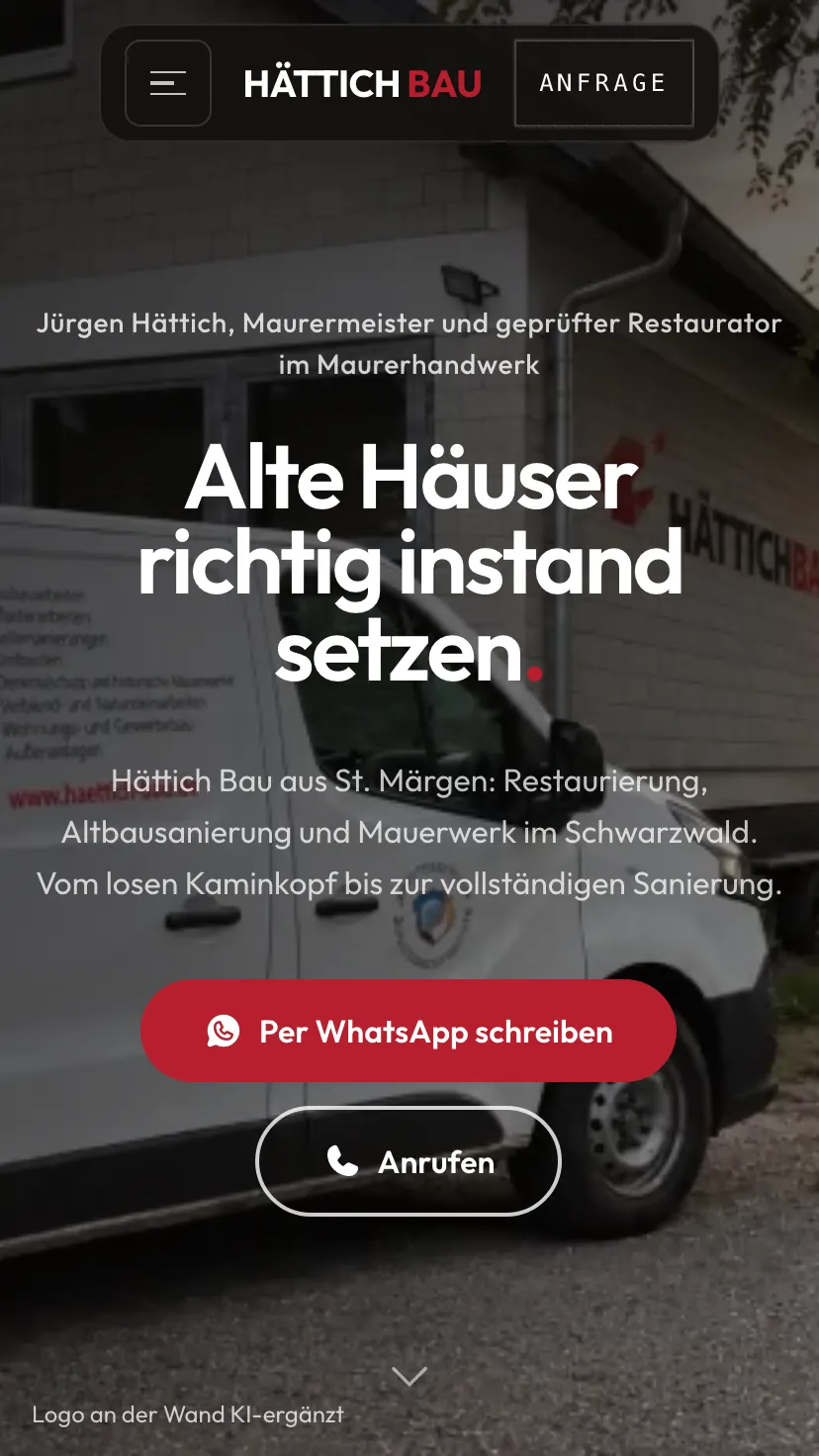 Mobile Ansicht der Website von Hättich Bau, Ausschnitt 1