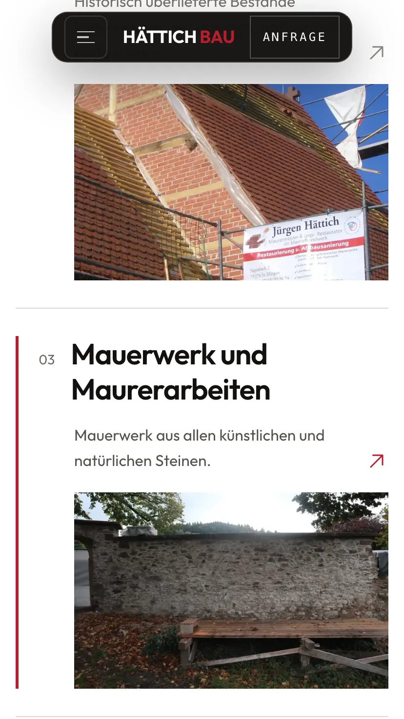 Mobile Ansicht der Website von Hättich Bau, Ausschnitt 2