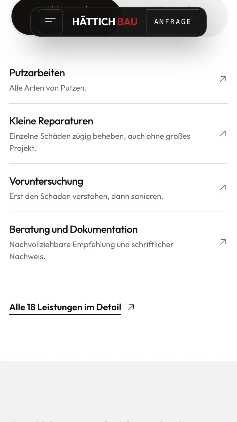 Mobile Ansicht der Website von Hättich Bau, Ausschnitt 3