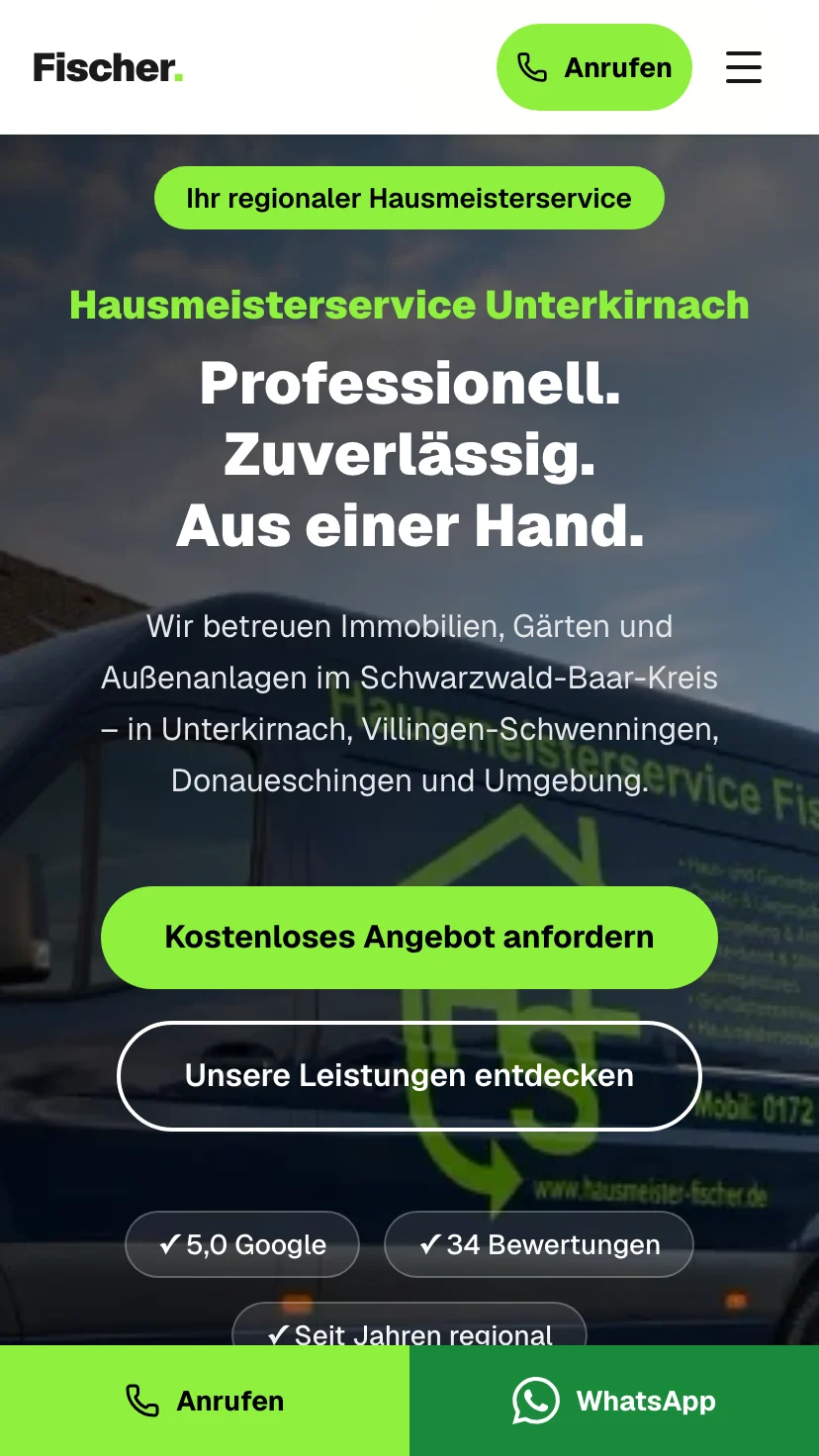 Mobile Ansicht der Website von Hausmeisterservice Fischer