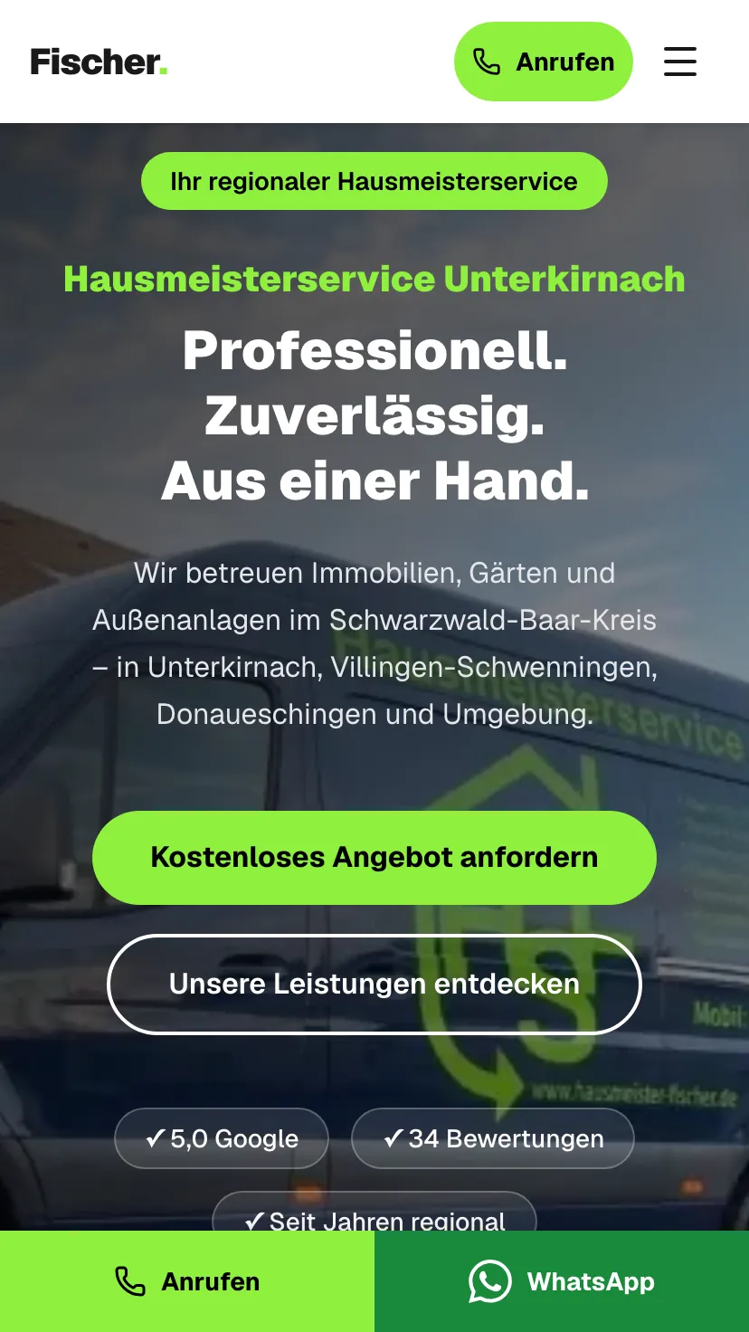Mobile Ansicht der Website von Hausmeister Service Fischer, Ausschnitt 1