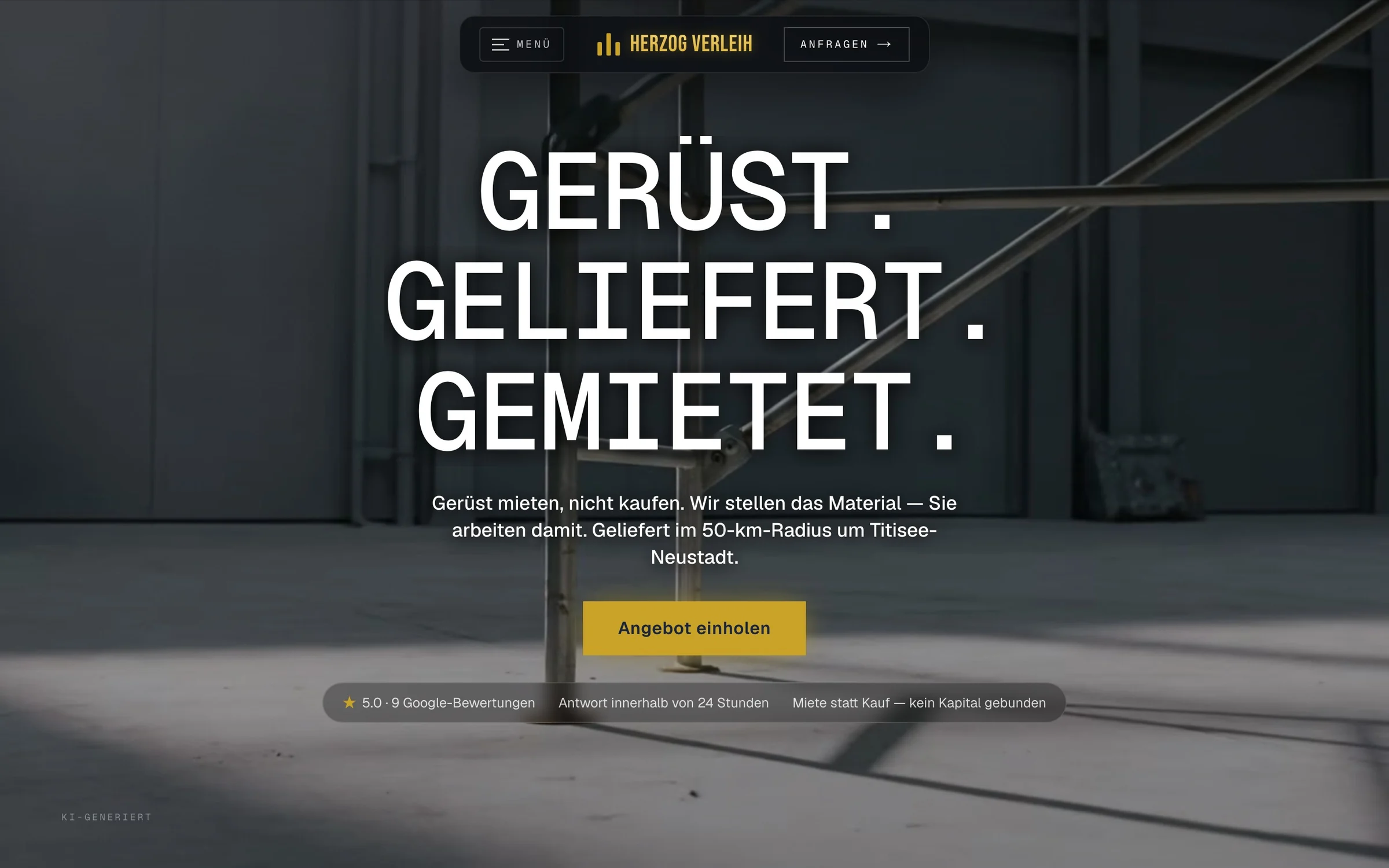 Startseite von Herzog Verleih mit Gerüst-Hero