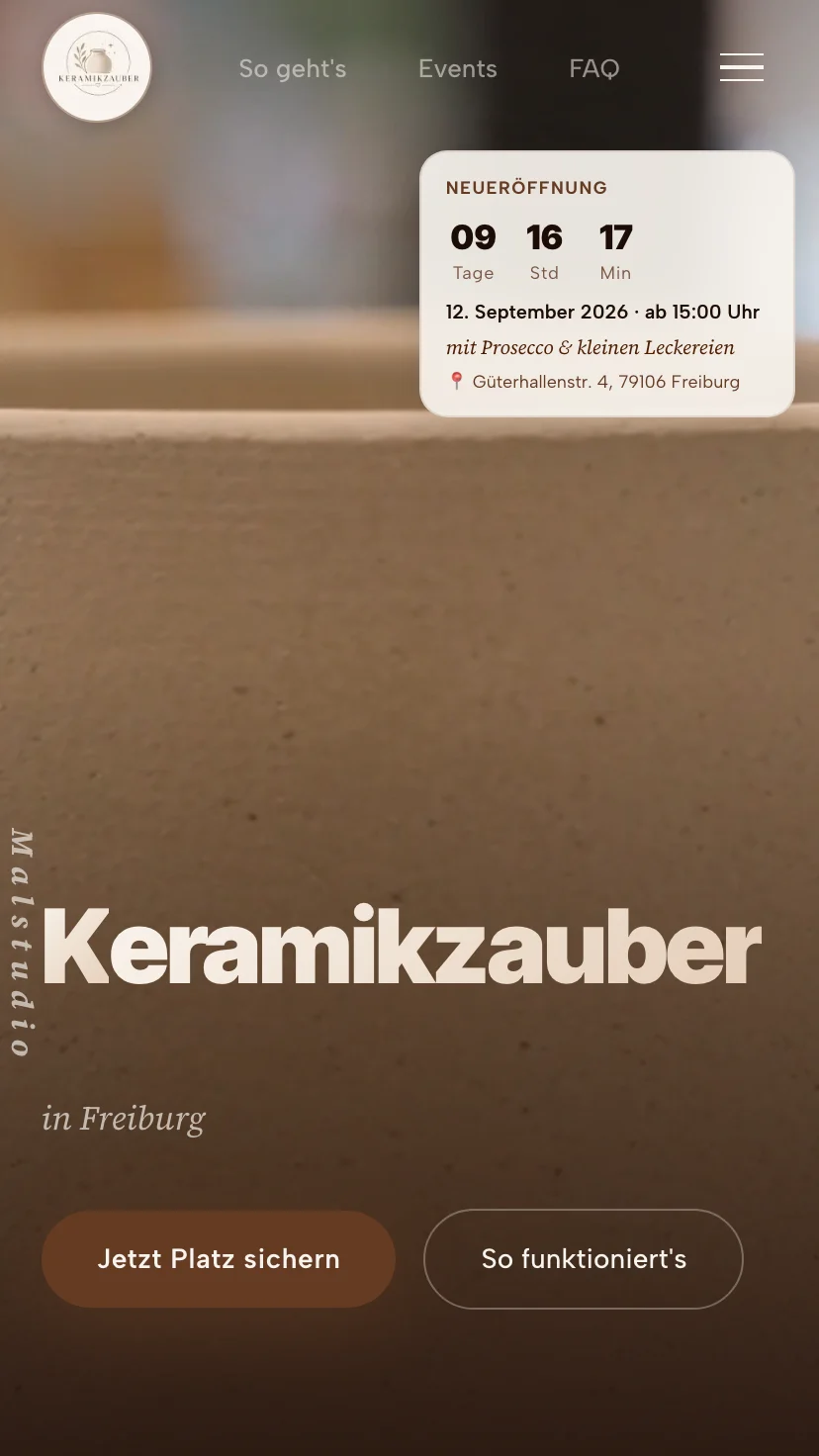 Mobile Ansicht der Website von Keramikzauber