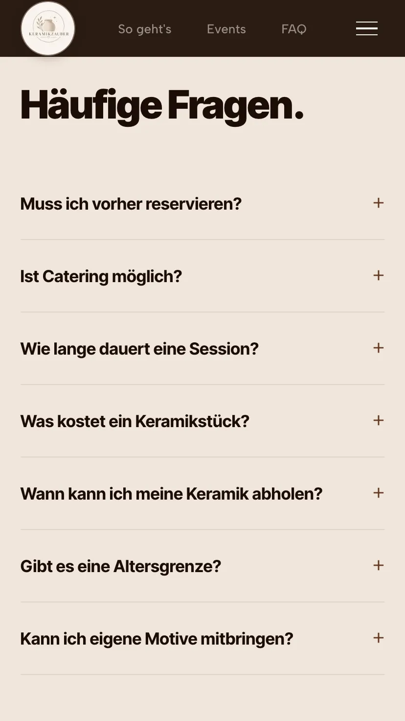 Mobile Ansicht der Website von Keramikzauber, Ausschnitt 3